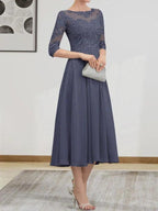 A-line Scoop Illusion Tea-Length Chiffon Lace Mother of the Bride Dress With Beading Sequins by Dreamylily