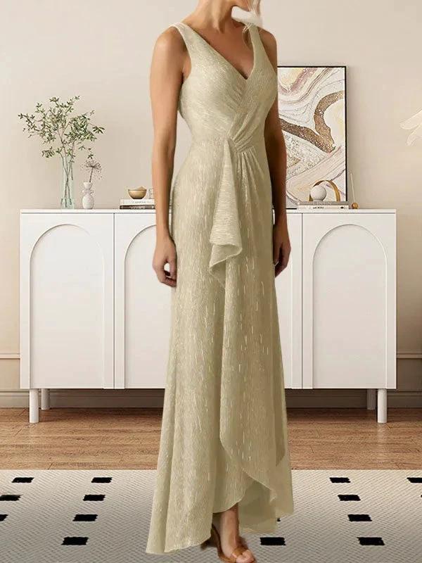 A-Line V-Neck Ruched Metallic Mesh Dress by Dreamylily