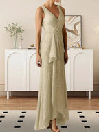A-Line V-Neck Ruched Metallic Mesh Dress by Dreamylily