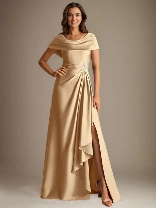 A-Line Scoop Floor-Length Stretch Satin Mother of the Bride Dress With Cascading Ruffles by Dreamylily