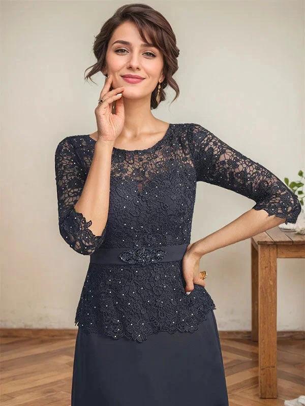 A-line Scoop Illusion Ankle-Length Chiffon Lace Mother of the Bride Dress With Rhinestone Beading by Dreamylily