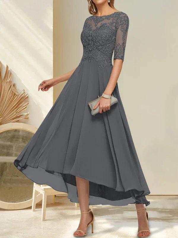 A-line Boat Neck Illusion Asymmetrical Chiffon Lace Mother of the Bride Dress With Sequins Beading by Dreamylily