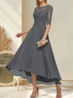 A-line Boat Neck Illusion Asymmetrical Chiffon Lace Mother of the Bride Dress With Sequins Beading by Dreamylily
