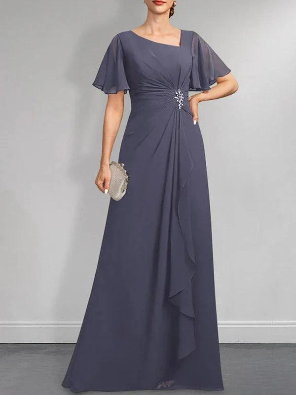 A-line Asymmetrical Floor-Length Chiffon Mother of the Bride Dress With Pleated Beading Sequins by Dreamylily