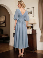 A-line V-Neck Tea-Length Lace Chiffon Mother of the Bride Dress With Pleated by Dreamylily