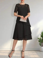A-line Scoop Illusion Knee-Length Lace Chiffon Mother of the Bride Dress With Sequins by Dreamylily