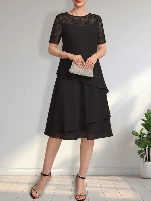 A-line Scoop Illusion Knee-Length Lace Chiffon Mother of the Bride Dress With Sequins by Dreamylily