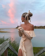 Classy Off The Shoulder Ruffles Cream Long Prom Dress Slit Party Evening Dress Y7975 by simplepromdress