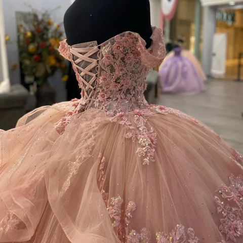 Vestido de fiesta con apliques rosas brillantes, vestido de princesa rosa Y2341