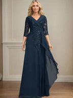 A-line Collared V-Neck Floor-Length Lace Chiffon Mother of the Bride Dress With Sequins Cascading Ruffles by Dreamylily
