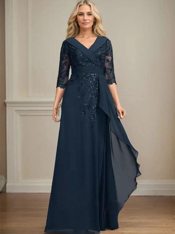 A-line Collared V-Neck Floor-Length Lace Chiffon Mother of the Bride Dress With Sequins Cascading Ruffles by Dreamylily
