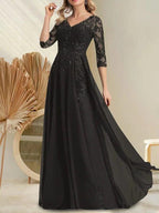 A-line V-Neck Floor-Length Lace Chiffon Mother of the Bride Dress With Sequins by Dreamylily