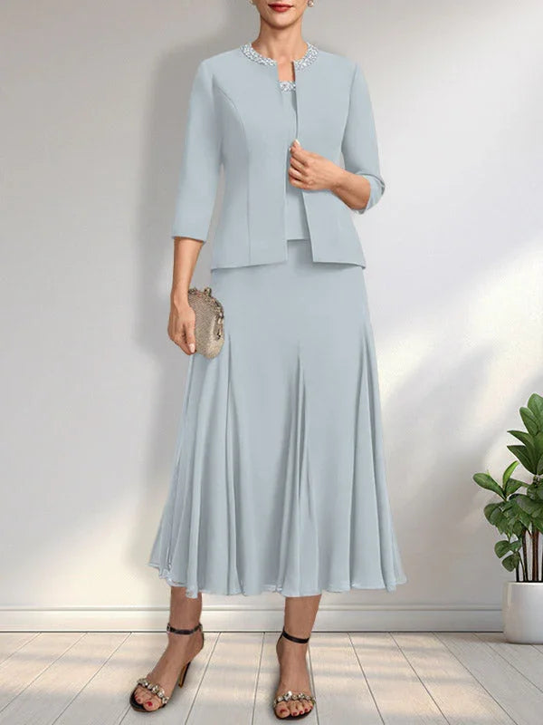 Separates A-line Scoop Tea-Length Chiffon Mother of the Bride Dress With Sequins Beading by Dreamylily