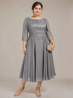 A-line Scoop Tea-Length Lace Chiffon Mother of the Bride Dress by Dreamylily