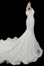 White Long Sleeve Corset Mermaid Bridal Gown with Cathedral Train SW674
