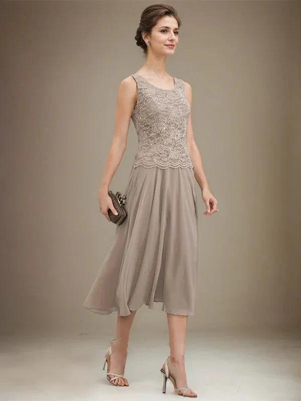 A-line Scoop Tea-Length Lace Chiffon Mother of the Bride Dress With Sequins by Dreamylily
