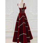 Elegant red velvet evening dress with crystal trim, displayed on mannequin, ZAPDRESS