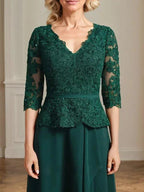 A-line V-Neck Floor-Length Lace Chiffon Mother of the Bride Dress With Cascading Ruffles Sequins by Dreamylily