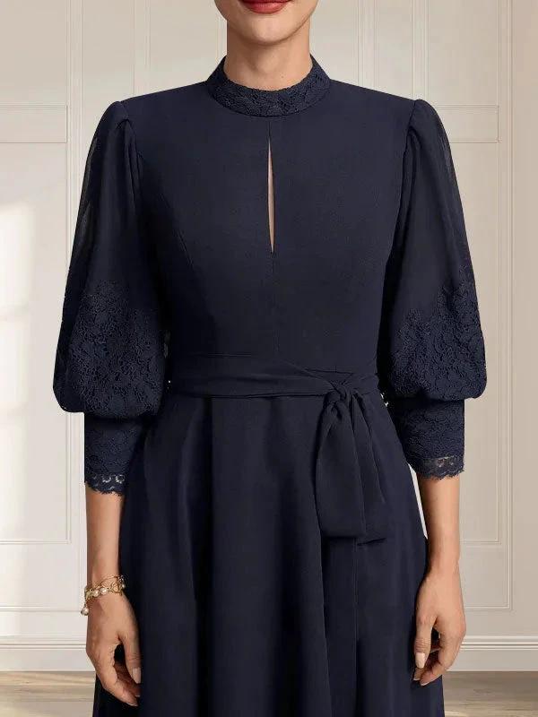 A-line High Neck Tea-Length Lace Chiffon Mother of the Bride Dress With Bow by Dreamylily