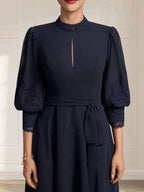 A-line High Neck Tea-Length Lace Chiffon Mother of the Bride Dress With Bow by Dreamylily