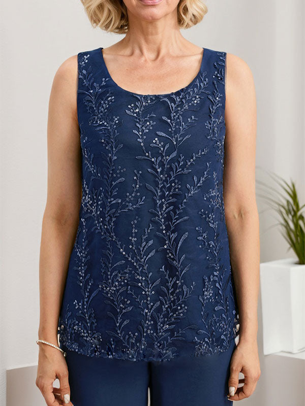 Separates Jumpsuit/Pantsuit Scoop Floor-Length Lace Chiffon Mother of the Bride Dress With Sequins