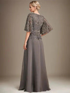 A-line V-Neck Floor-Length Chiffon Lace Mother of the Bride Dress With Crystal Brooch Rhinestone by Dreamylily