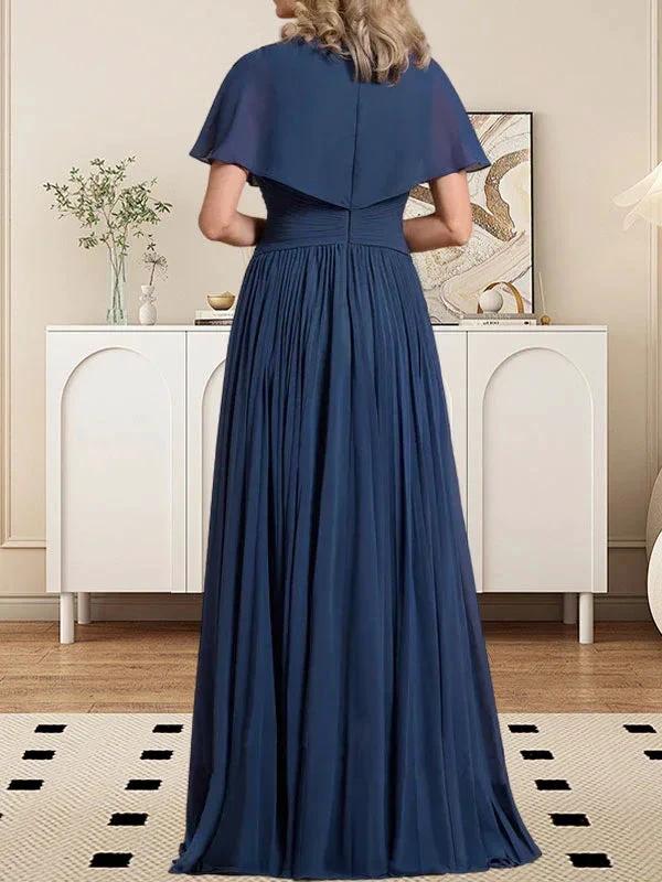 A-line V-Neck Floor-Length Chiffon Mother of the Bride Dress With Crystal Brooch Pleated by Dreamylily