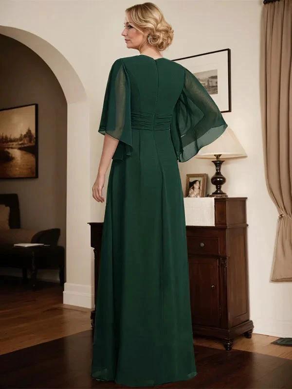 Sheath/Column V-Neck Floor-Length Chiffon Mother of the Bride Dress With Pleated Sequins Beading by Dreamylily