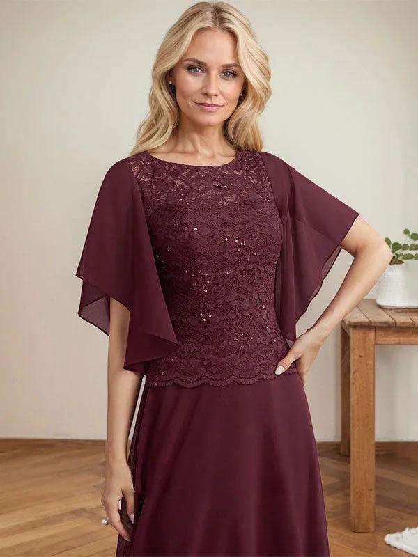 A-line Scoop Illusion Floor-Length Lace Chiffon Mother of the Bride Dress With Sequins by Dreamylily