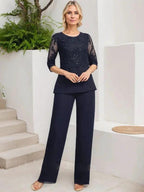 Jumpsuit/Pantsuit Separates Scoop Floor-Length Chiffon Lace Mother of the Bride Dress With Sequins by Dreamylily