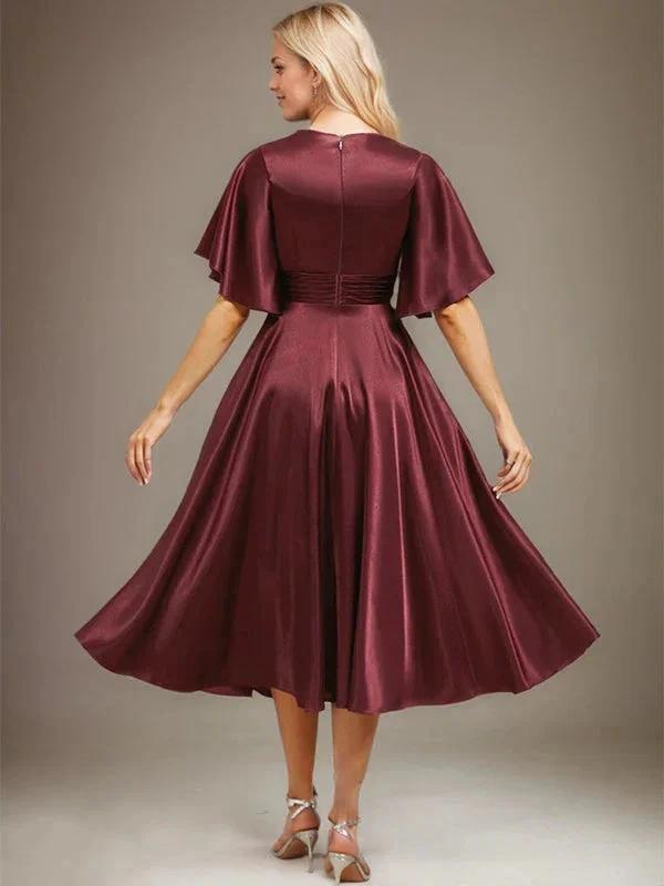 A-line V-Neck Tea-Length Stretch Satin Mother of the Bride Dress With Beading Pleated by Dreamylily