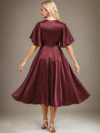 A-line V-Neck Tea-Length Stretch Satin Mother of the Bride Dress With Beading Pleated by Dreamylily