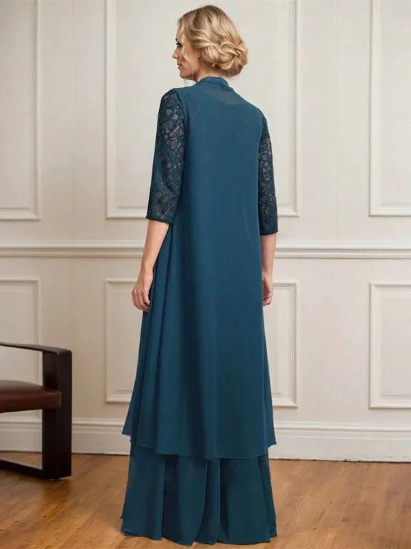 A-line Scoop Illusion Floor-Length Lace Chiffon Mother of the Bride Dress With Pleated by Dreamylily