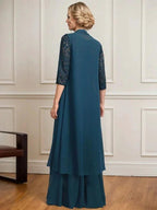 A-line Scoop Illusion Floor-Length Lace Chiffon Mother of the Bride Dress With Pleated by Dreamylily