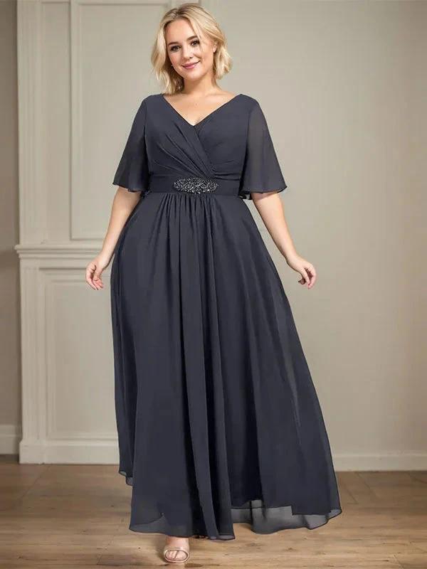A-line V-Neck Ankle-Length Chiffon Mother of the Bride Dress With Pleated Beading Sequins by Dreamylily