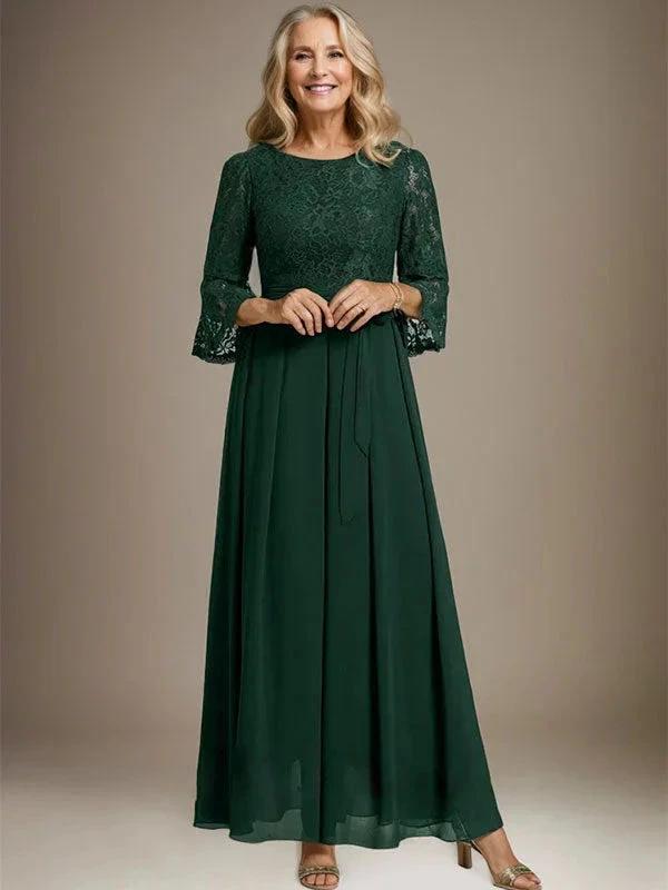 A-line Scoop Ankle-Length Lace Chiffon Mother of the Bride Dress With Bow by Dreamylily