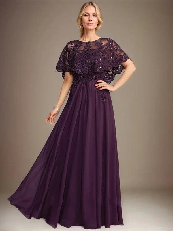 A-line Boat Neck Floor-Length Lace Chiffon Mother of the Bride Dress With Applique Sequins by Dreamylily