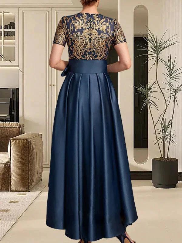 A-line Scoop Asymmetrical Satin Sequin Lace Mother of the Bride Dress With Bow by Dreamylily
