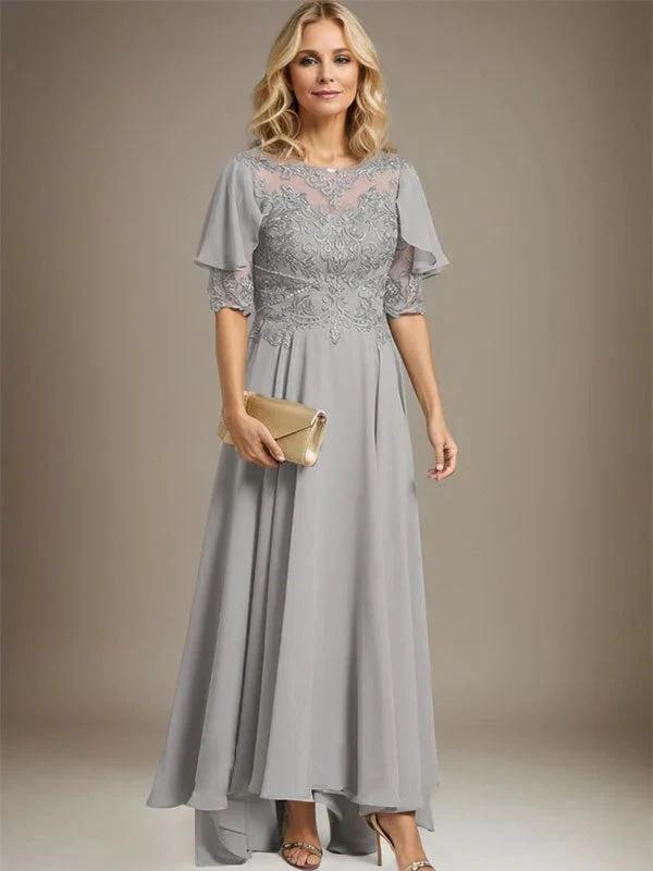 A-line Scoop Illusion Asymmetrical Chiffon Lace Mother of the Bride Dress With Beading by Dreamylily