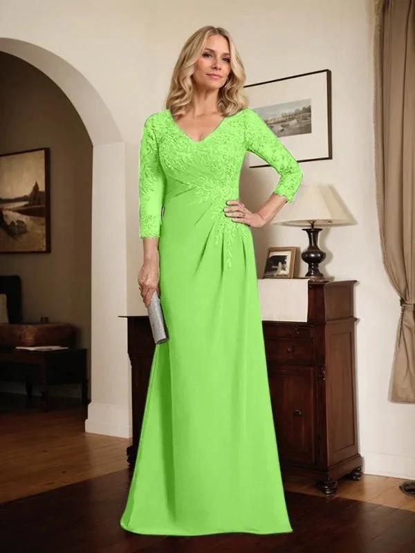 Sheath/Column V-Neck Illusion Floor-Length Lace Chiffon Mother of the Bride Dress With Pleated Sequins by Dreamylily