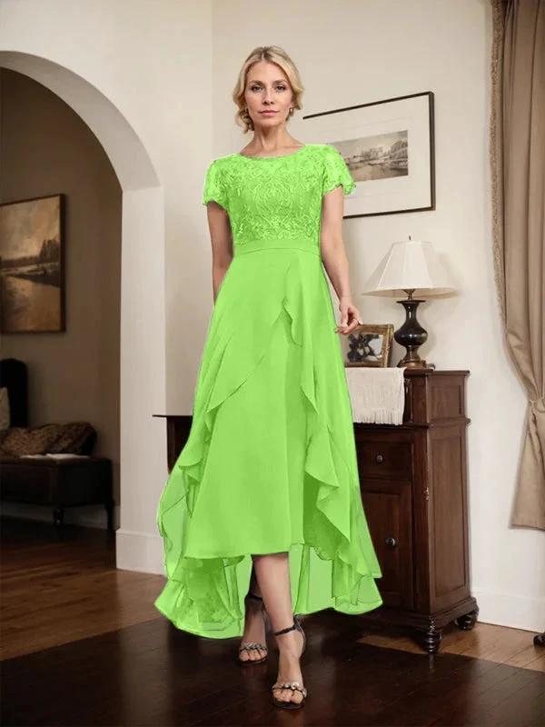 A-line Scoop Illusion Asymmetrical Chiffon Lace Mother of the Bride Dress With Bow Ruffle Sequins by Dreamylily