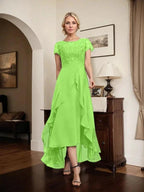 A-line Scoop Illusion Asymmetrical Chiffon Lace Mother of the Bride Dress With Bow Ruffle Sequins by Dreamylily