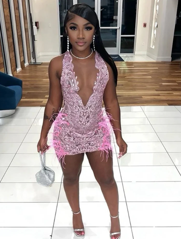 Luxurious Heavy Beaded Pink Homecoming Dress 22nd Birthday Outfit Dress Y1828