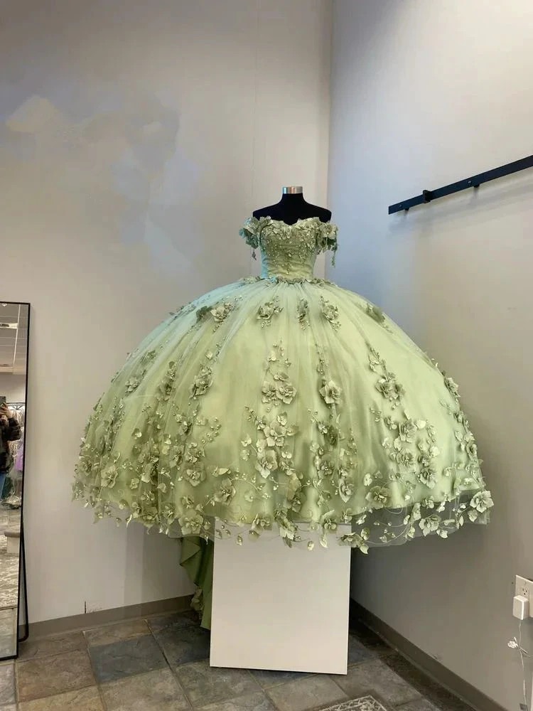 Green Quinceanera Dresses 3D Flowers Applique Ball Gown Sweet 16 Dress Y2984 by simplepromdress