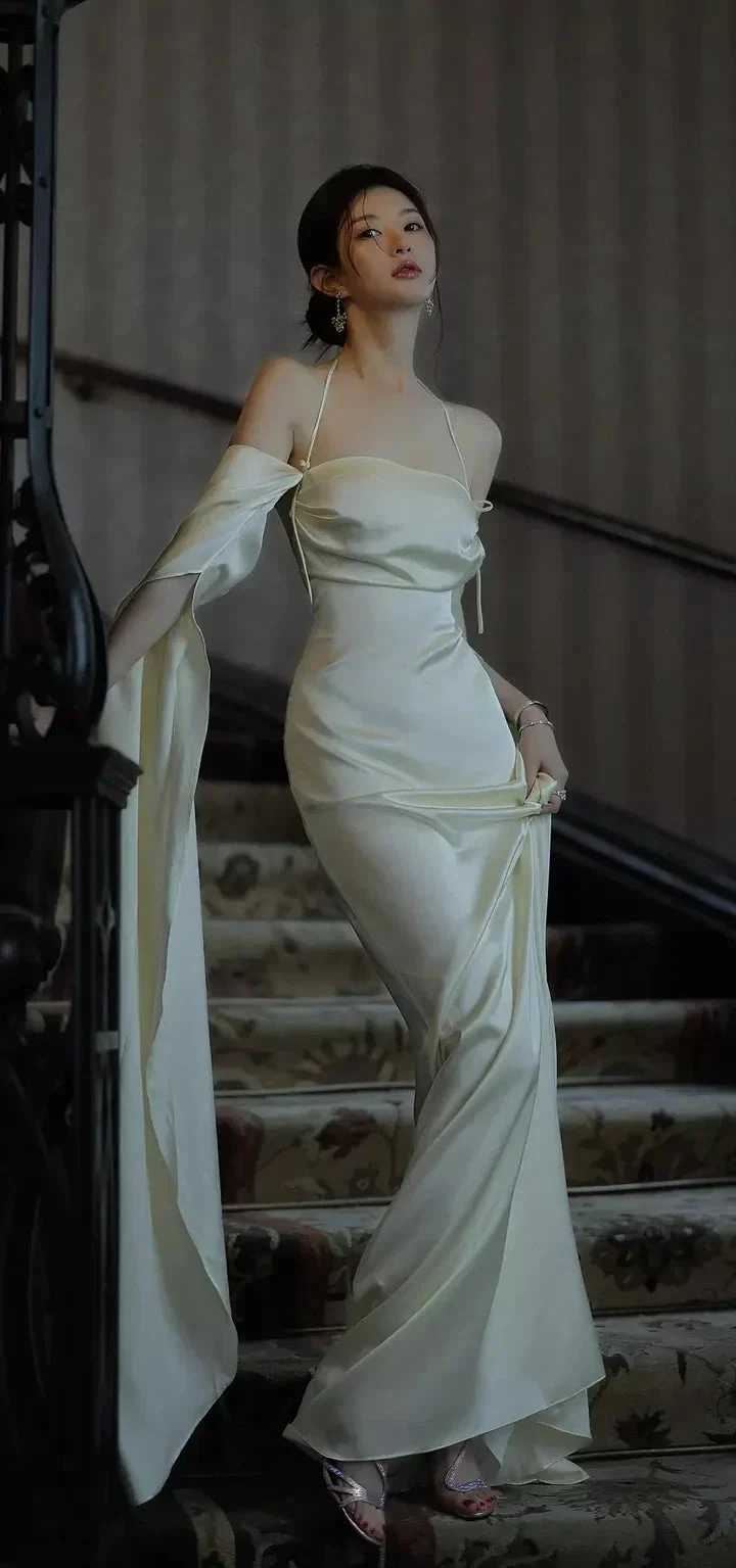 Sexy Backless Long Prom Dress White Satin Long Sleeves Evening Gown Y2080 by simplepromdress