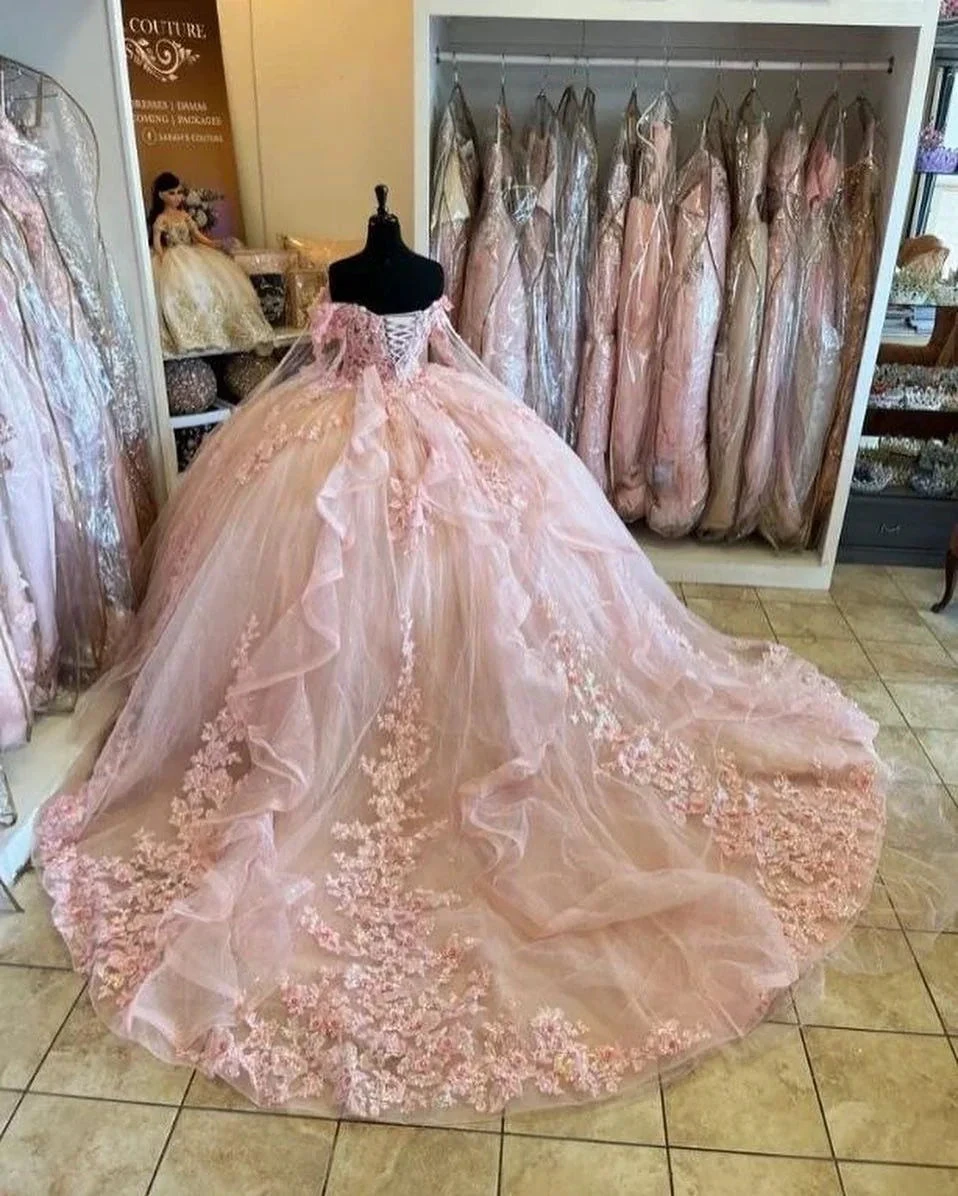 Pink Quinceanera Dresses Off Shoulder Flowers Lace Appliques Beaded Puffy Party Princess Sweet 16 Ball Gown Y2936 by simplepromdress