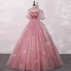 Blush Pink Quinceanera Dress Masquerade Dress A-Line Wedding Dress Floor Length High Neck Bridal Gown Short Sleeves Y2937 by simplepromdress