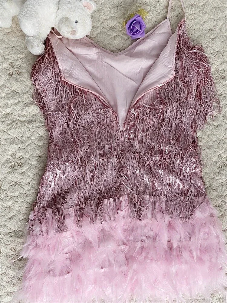 Women Sexy Feather Sparkly Tassel Dress Pink Sequin Fringe Dance Flapper Dress Summer Formal Dress,Pink Homecoming Dress Y2470 by simplepromdress