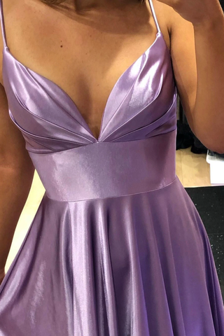 Purple V-Neck Satin Long Prom Dress Simple A-Line Evening Dress Y927