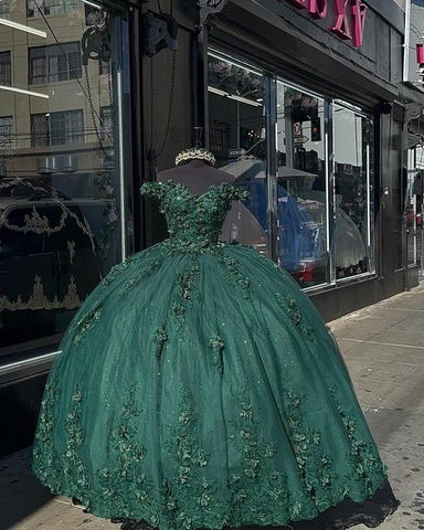 Vestido de quinceañera verde oscuro con apliques de encaje y flores 3D para fiesta de cumpleaños Y4254